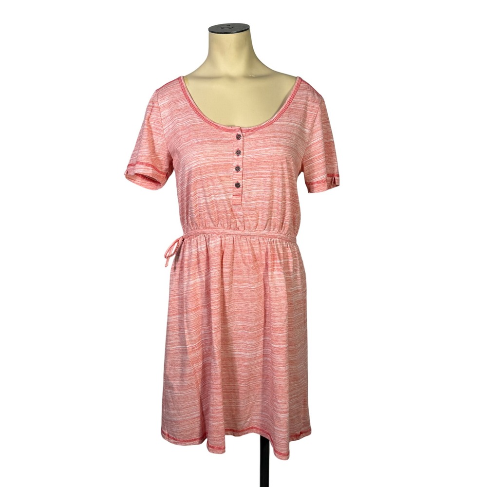 Prana Dress Womens Medium Coral Pink White Button Up Casual Short Sleeve